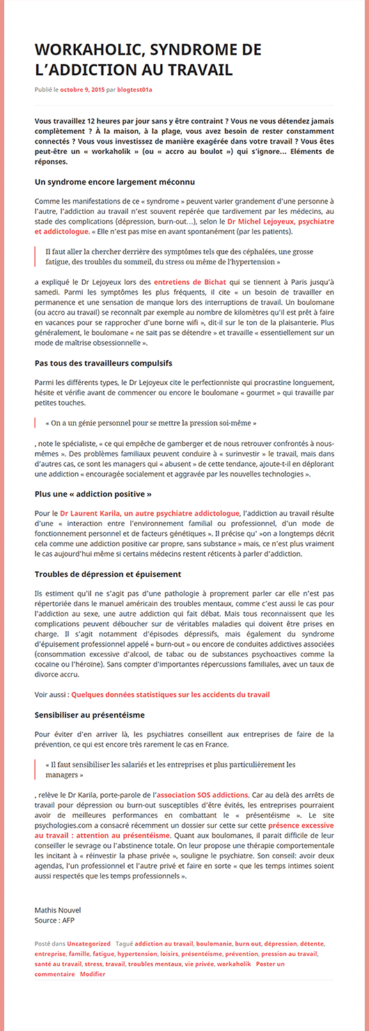 Réalisation : WORKAHOLIC, SYNDROME DE L’ADDICTION AU TRAVAIL