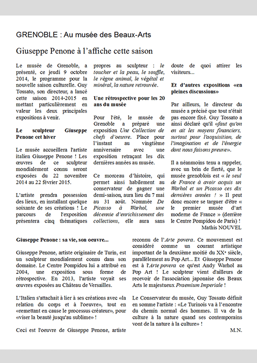 Réalisation : Giuseppe Penone à l’affiche cette saison